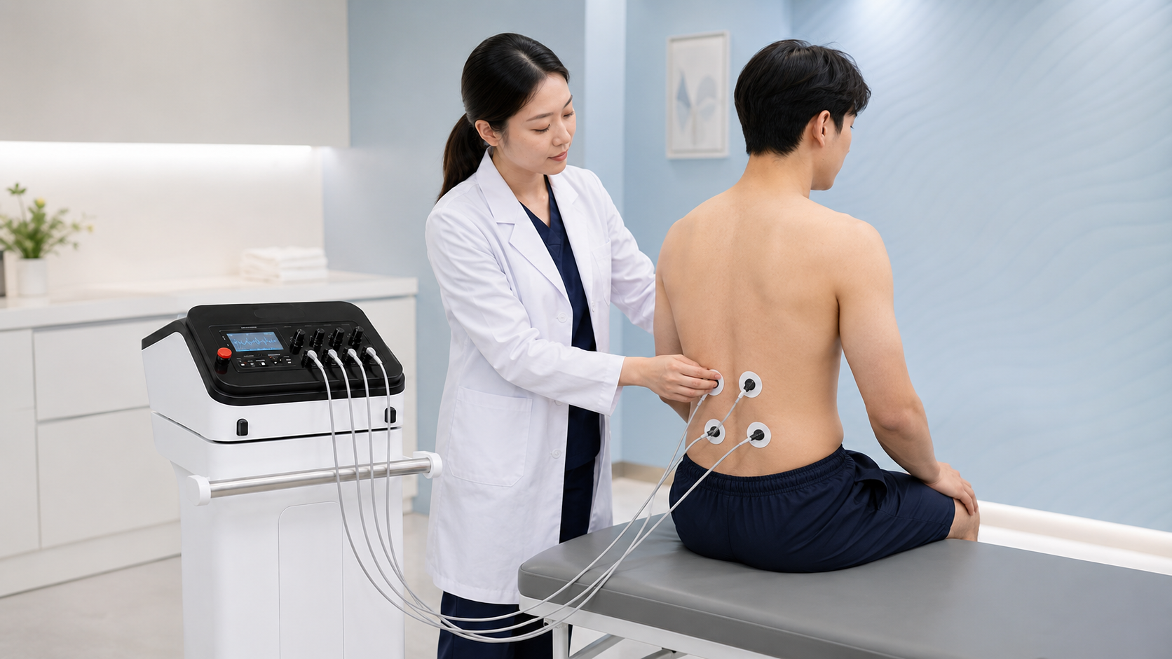 페인스크램블러 치료 장면 — 전극 패드 부착